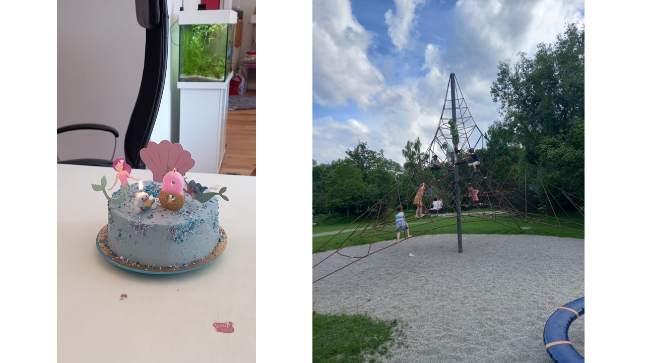 Two images of the birthday party, cake and playground view.