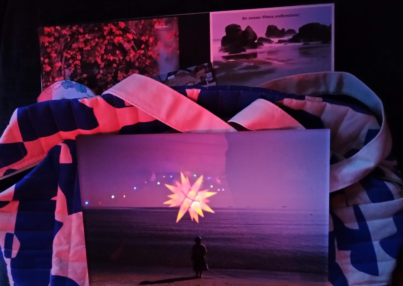 Image on bag and collage with a pink setting.